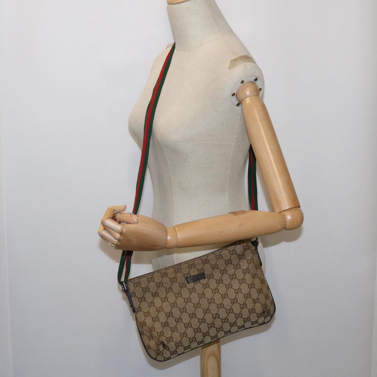 GUCCI Web Sherry Line GG Canvas Shoulder Bag Beige Red Green 189749 Auth fm3098