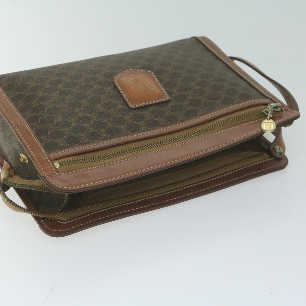 CELINE Macadam Canvas Clutch Bag PVC 2Set Brown Auth fm3156