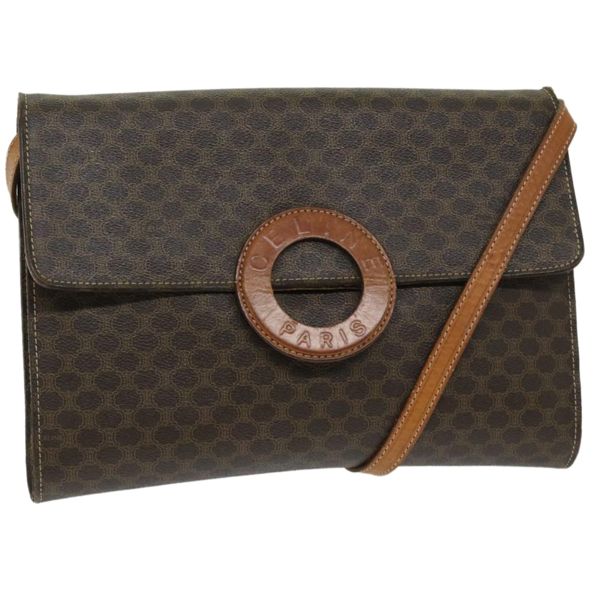 CELINE Macadam Canvas Circle Shoulder Bag PVC Leather Brown Auth fm3202