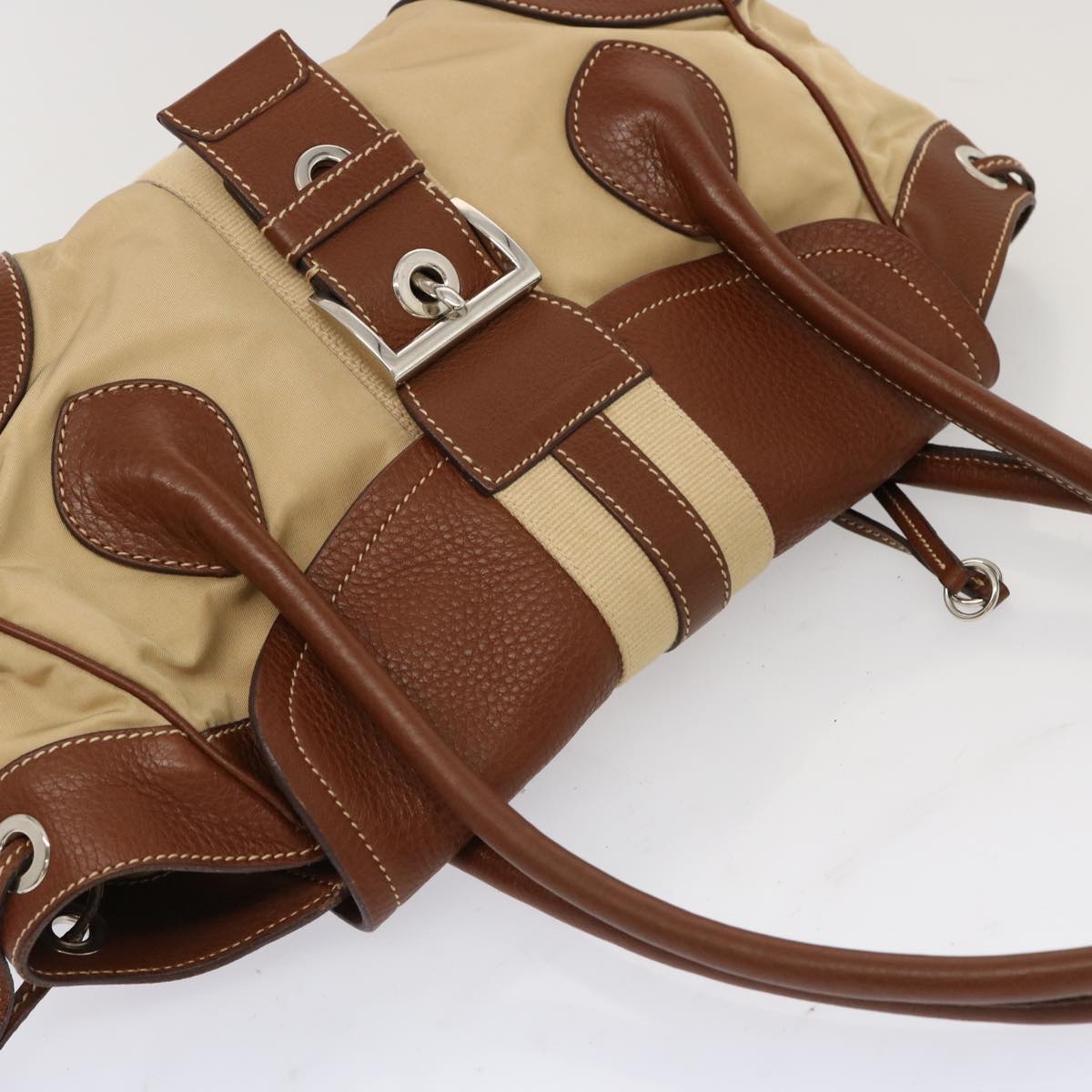 PRADA Shoulder Bag Nylon Leather Beige Brown Auth fm3273