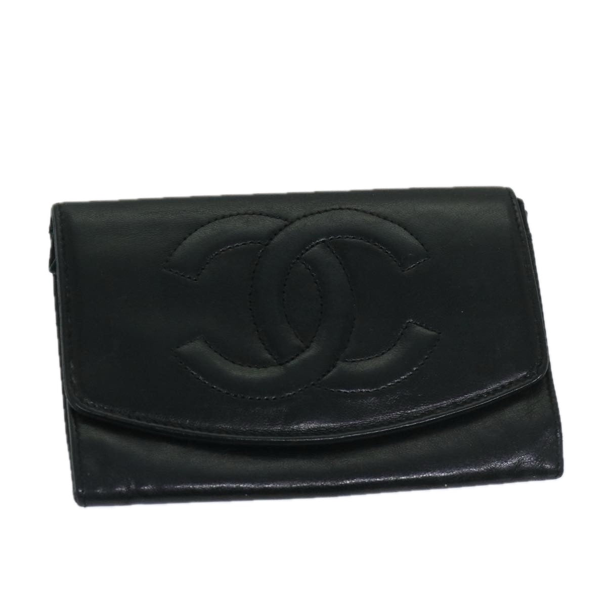 CHANEL COCO Mark Wallet Lamb Skin Black CC Auth fm3288