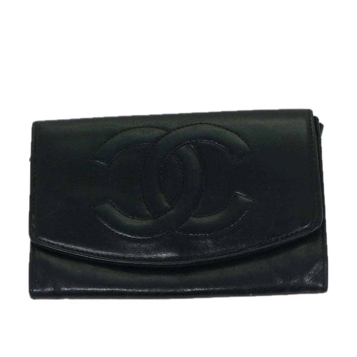 CHANEL COCO Mark Wallet Lamb Skin Black CC Auth fm3288