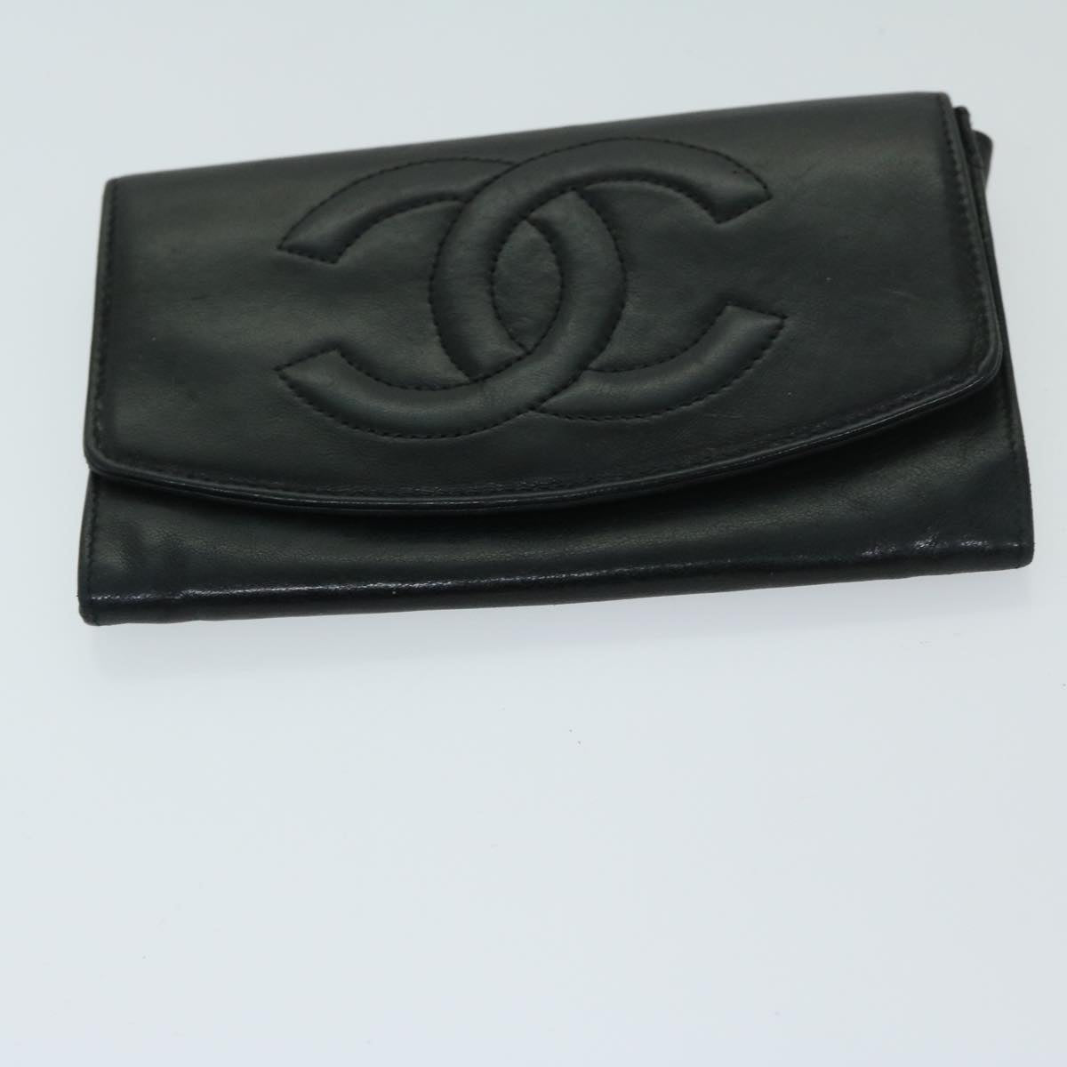 CHANEL COCO Mark Wallet Lamb Skin Black CC Auth fm3288