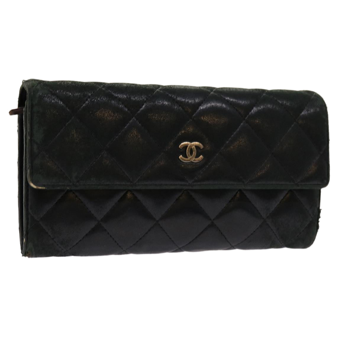 CHANEL Matelasse Long Wallet Lamb Skin Black CC Auth fm3289