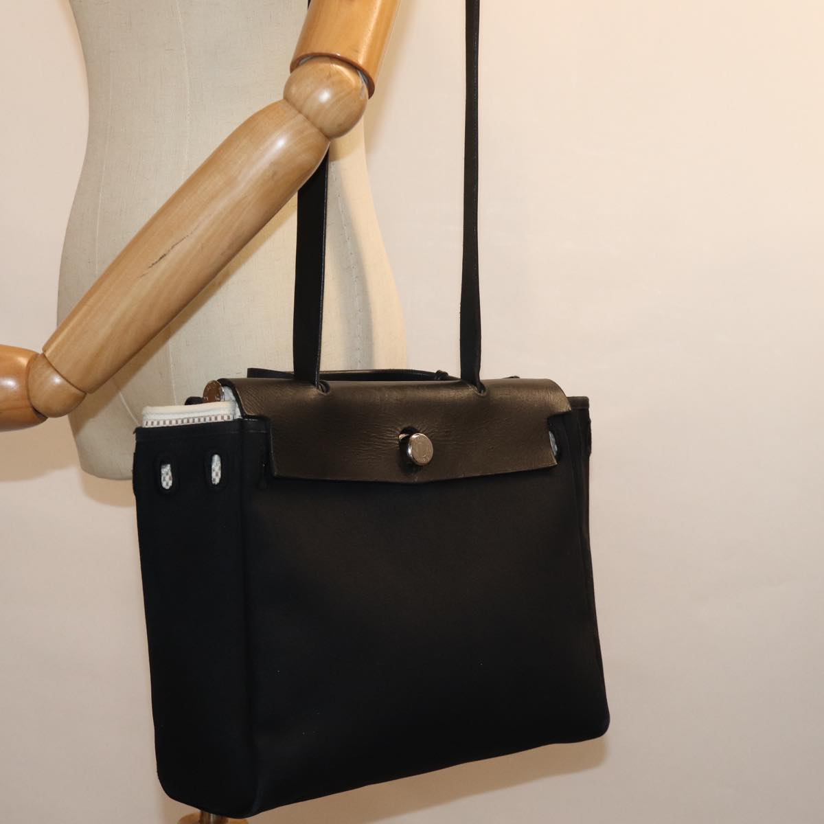 HERMES Her bag PM Tote Bag Canvas Black Auth fm3378