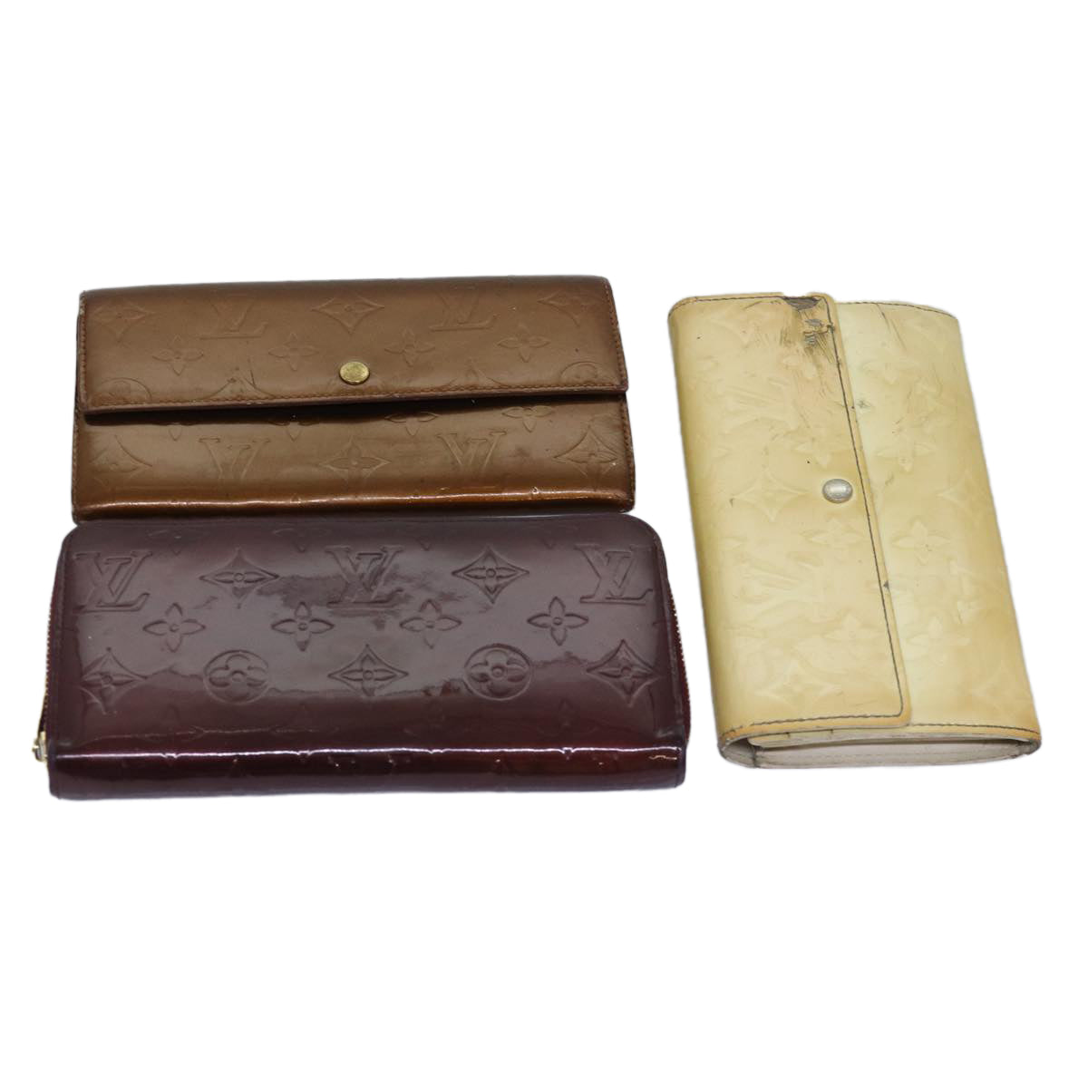 LOUIS VUITTON Monogram Vernis Long Wallet 3Set Bronze Perle Red LV Auth fm3442