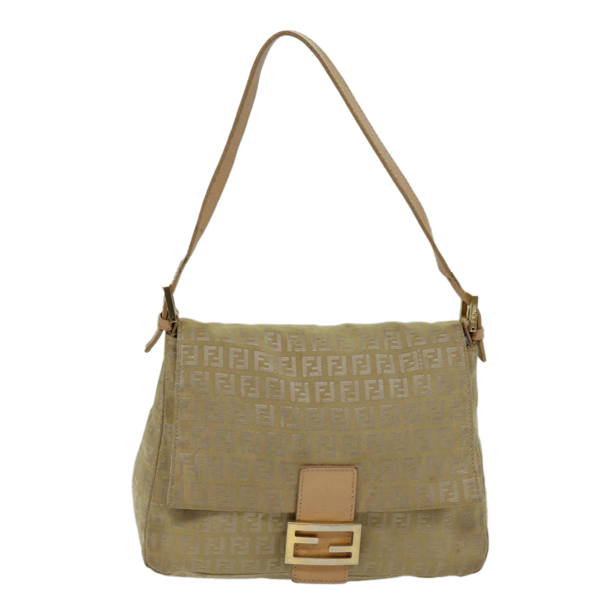 FENDI Zucchino Canvas Mamma Baguette Shoulder Bag Beige Auth fm3459