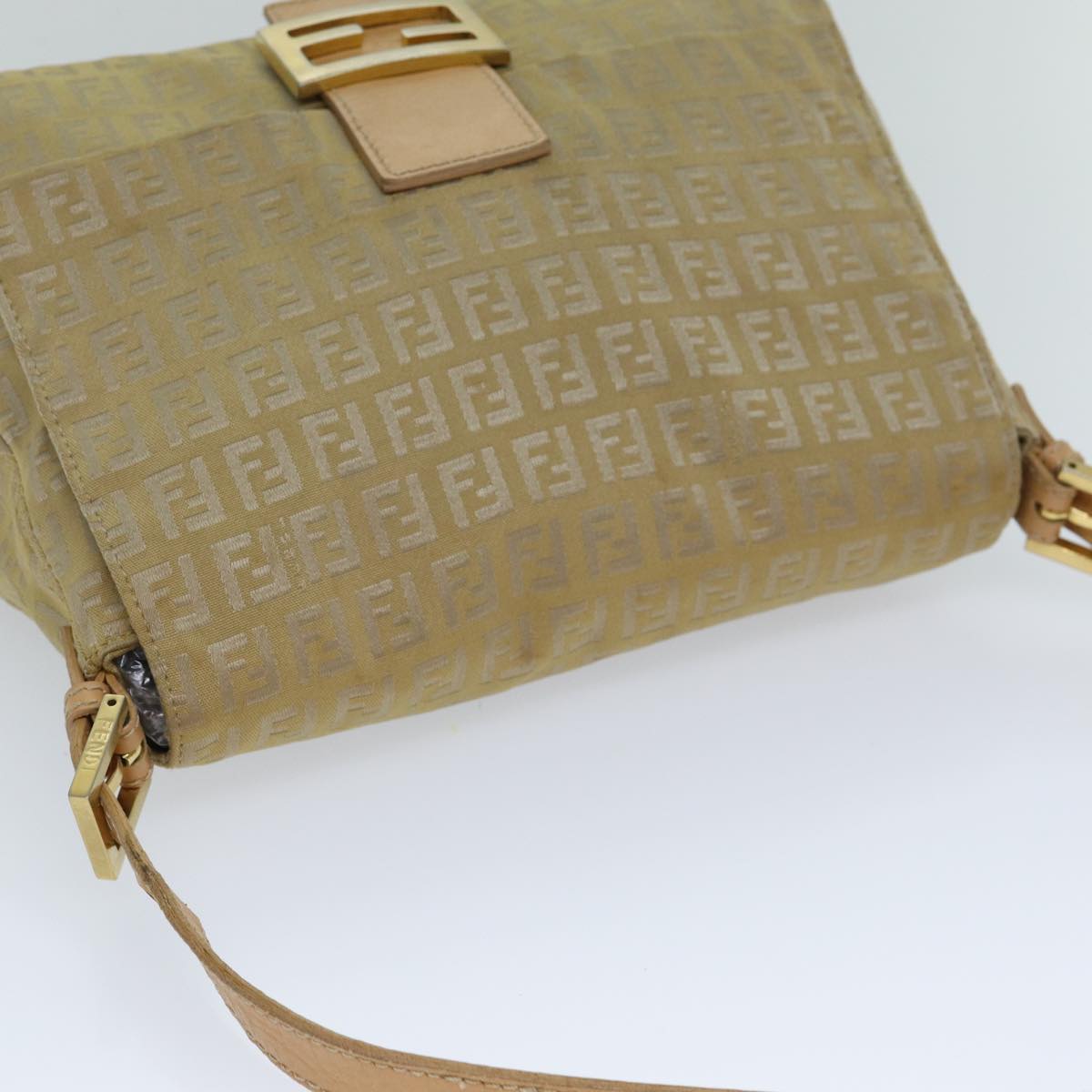 FENDI Zucchino Canvas Mamma Baguette Shoulder Bag Beige Auth fm3459