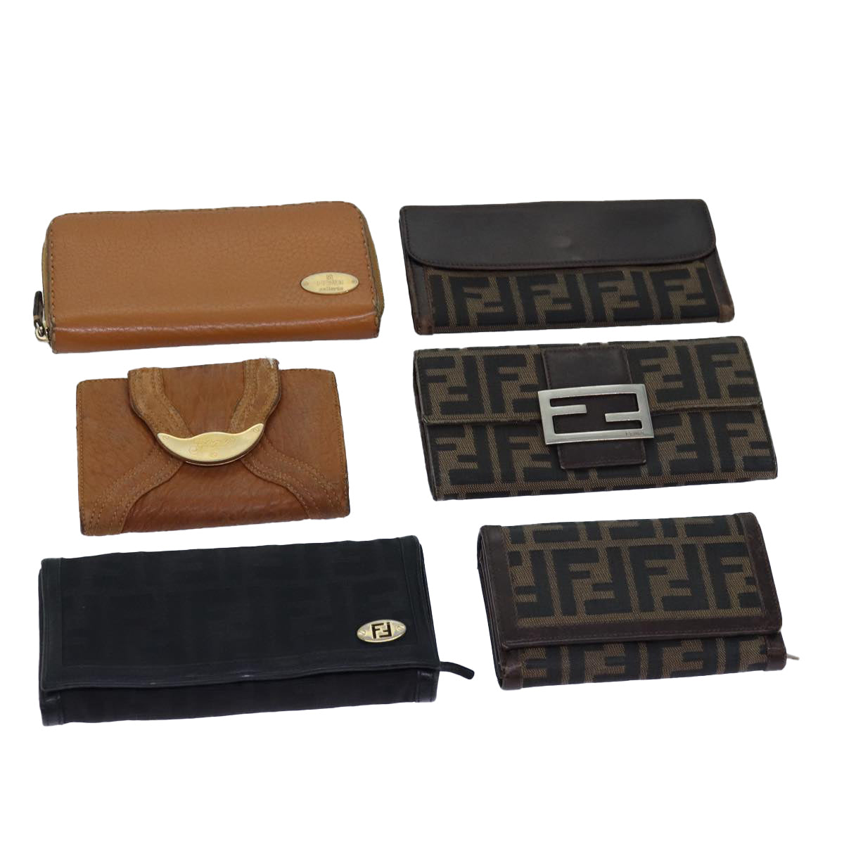 FENDI Zucca Canvas Wallet Leather 6Set Black Brown Auth fm3475