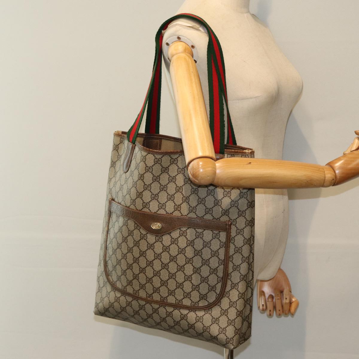 GUCCI GG Supreme Web Sherry Line Tote Bag PVC Beige Red 37 02 2140 Auth fm3507