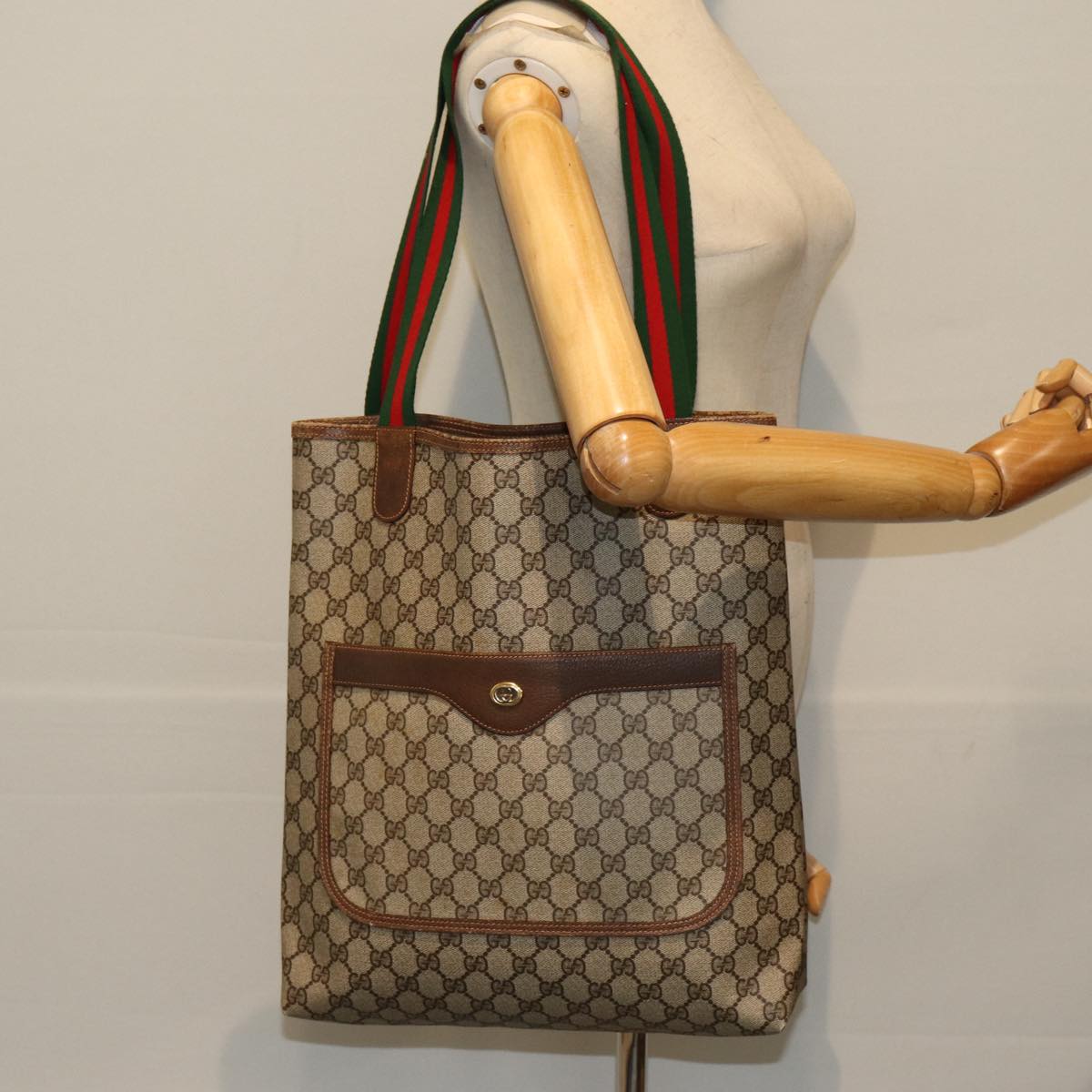 GUCCI GG Supreme Web Sherry Line Tote Bag PVC Beige Red 123 02003 Auth fm3508