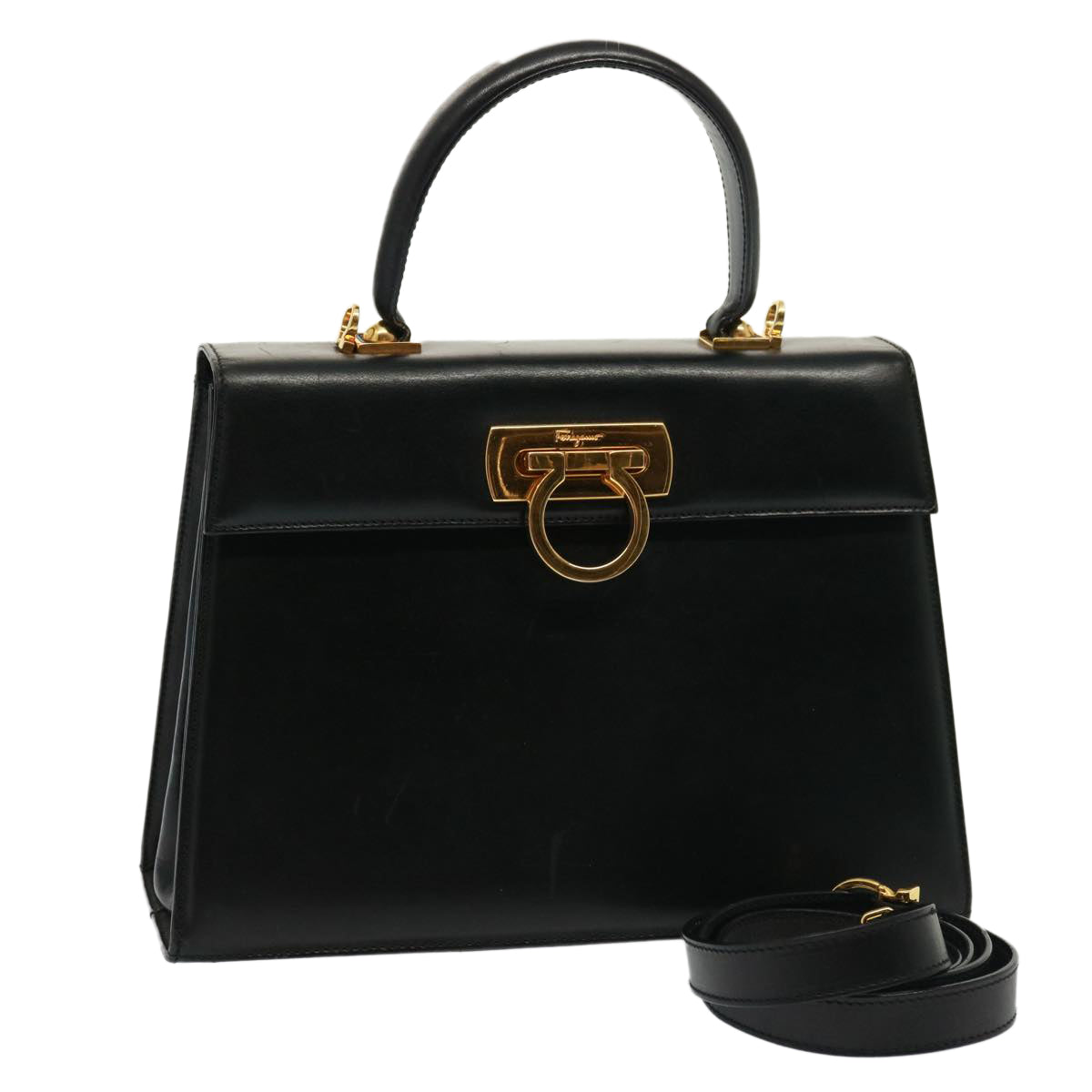 Salvatore Ferragamo Gancini Hand Bag Leather 2way Black Auth fm3545