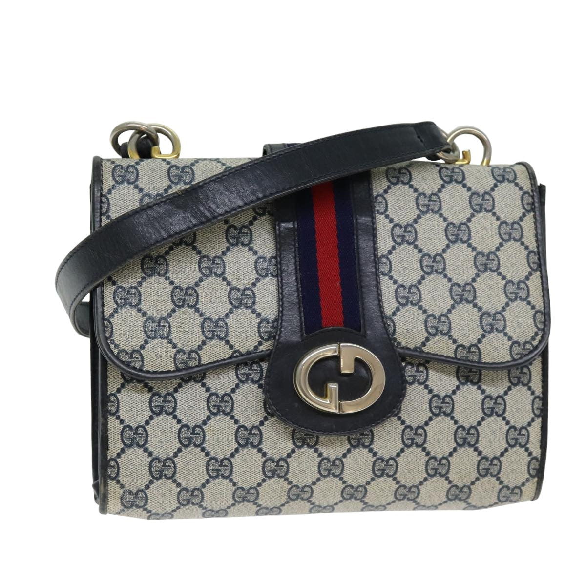 GUCCI GG Supreme Sherry Line Shoulder Bag PVC Leather Navy Red Auth fm3556