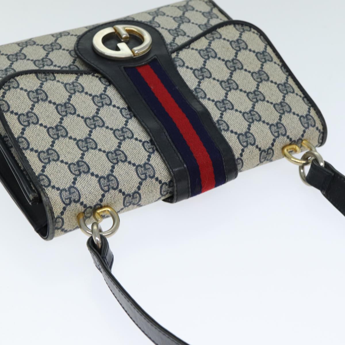 GUCCI GG Supreme Sherry Line Shoulder Bag PVC Leather Navy Red Auth fm3556