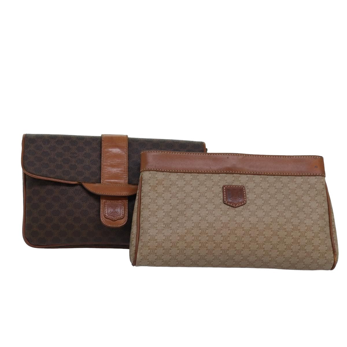 CELINE Macadam Canvas Clutch Bag PVC Leather 2Set Brown Beige Auth fm3569