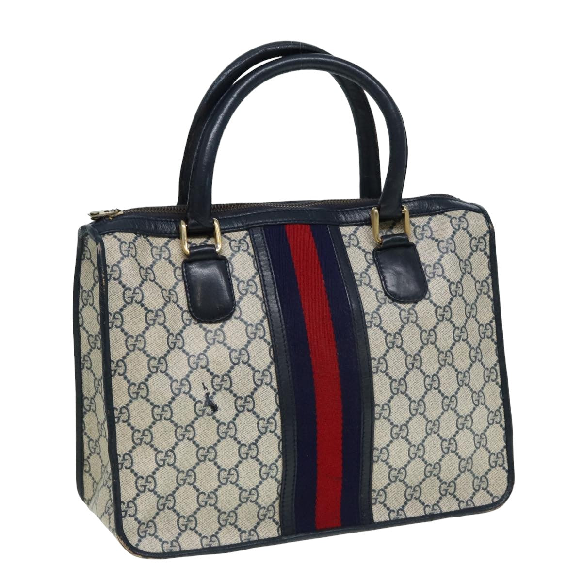 GUCCI GG Canvas Sherry Line Hand Bag PVC Leather Navy Auth fm3583