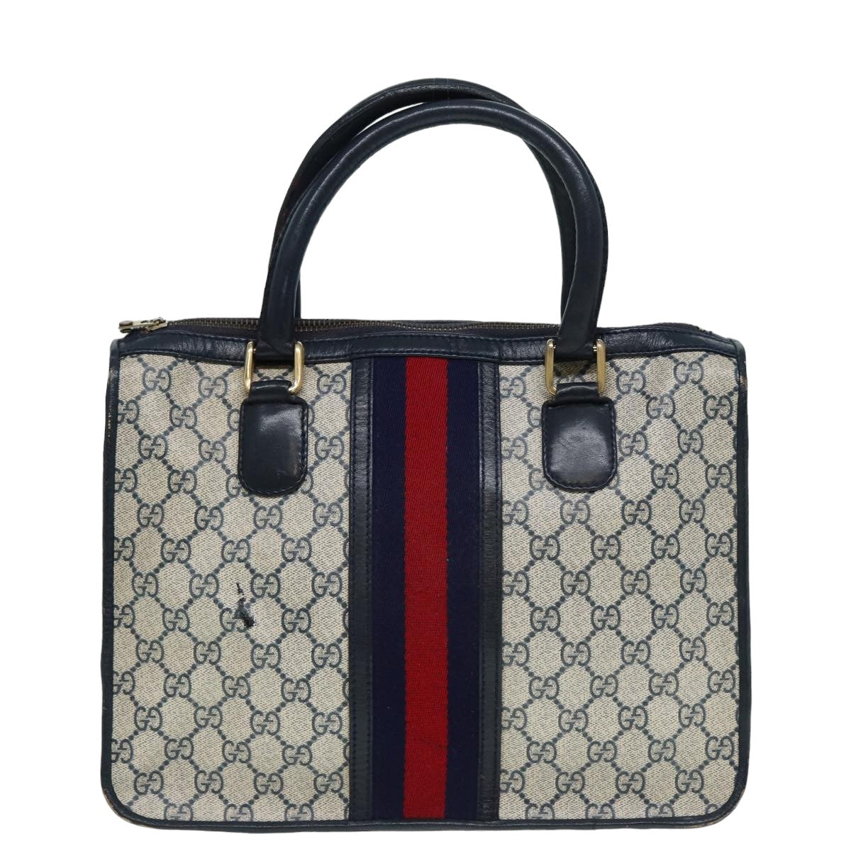 GUCCI GG Canvas Sherry Line Hand Bag PVC Leather Navy Auth fm3583 - 0