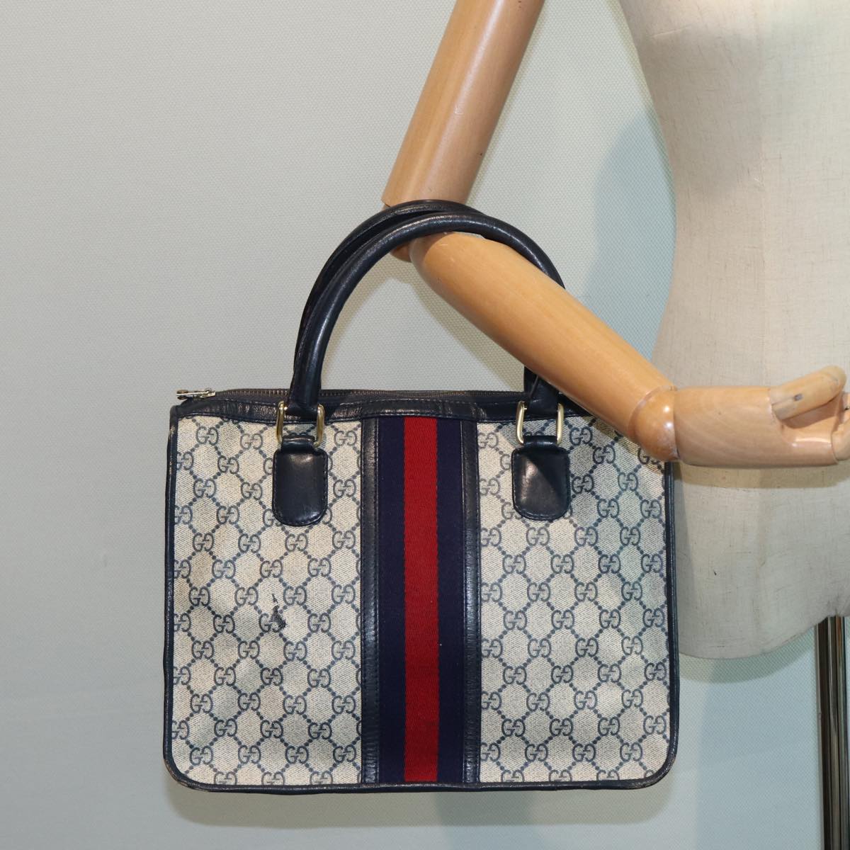 GUCCI GG Canvas Sherry Line Hand Bag PVC Leather Navy Auth fm3583