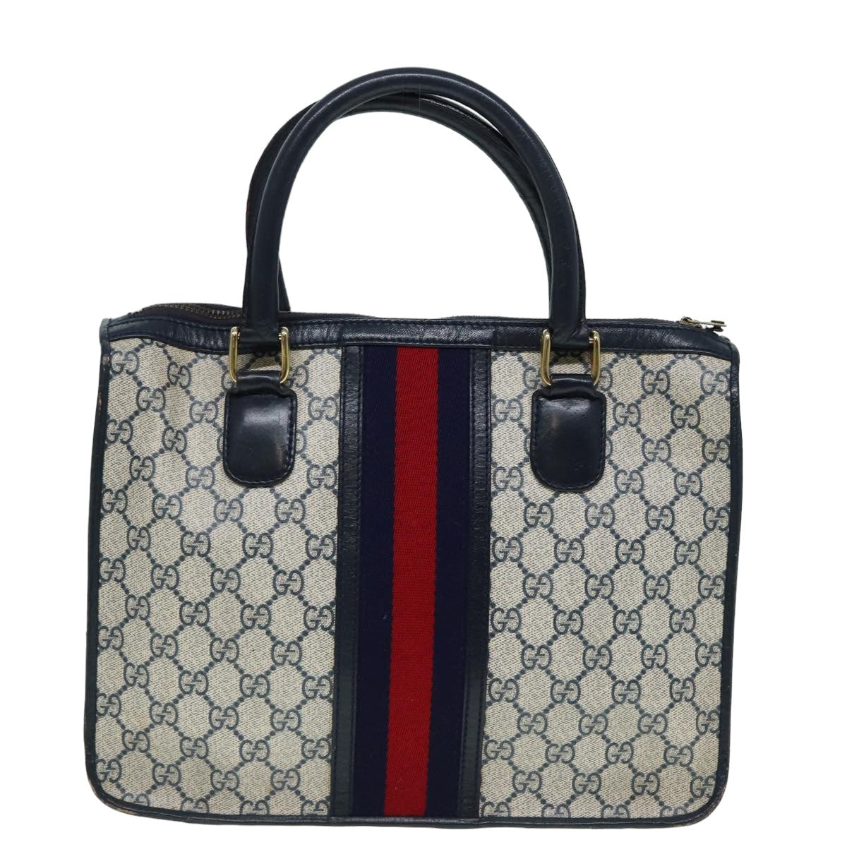 GUCCI GG Canvas Sherry Line Hand Bag PVC Leather Navy Auth fm3583