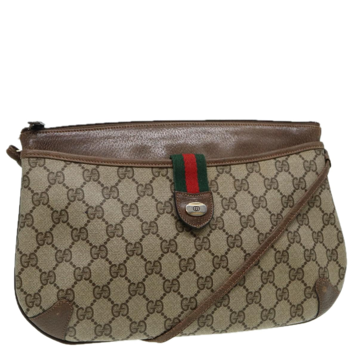 GUCCI GG Canvas Web Sherry Line Shoulder Bag PVC Leather Beige Green Auth fm3586