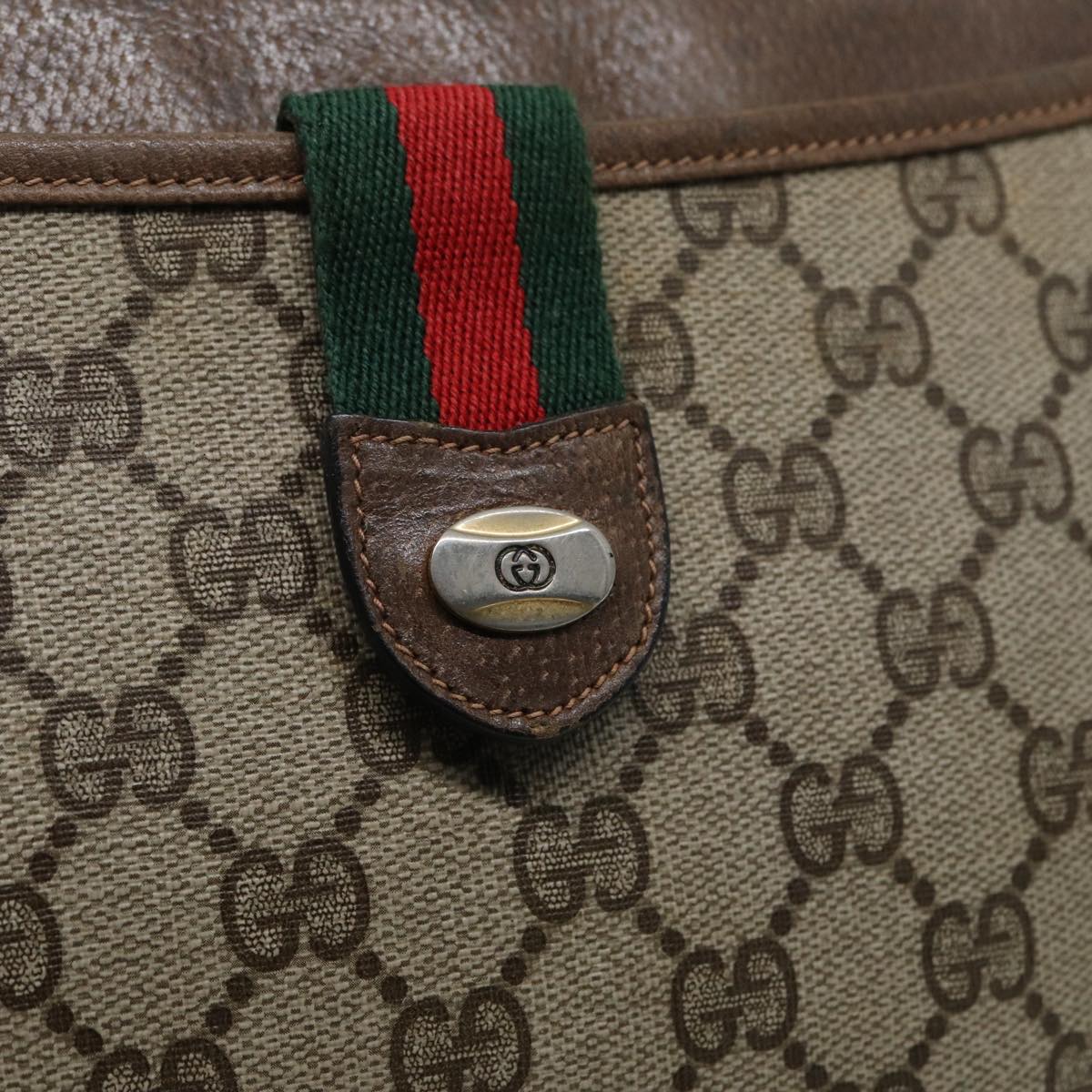 GUCCI GG Canvas Web Sherry Line Shoulder Bag PVC Leather Beige Green Auth fm3586