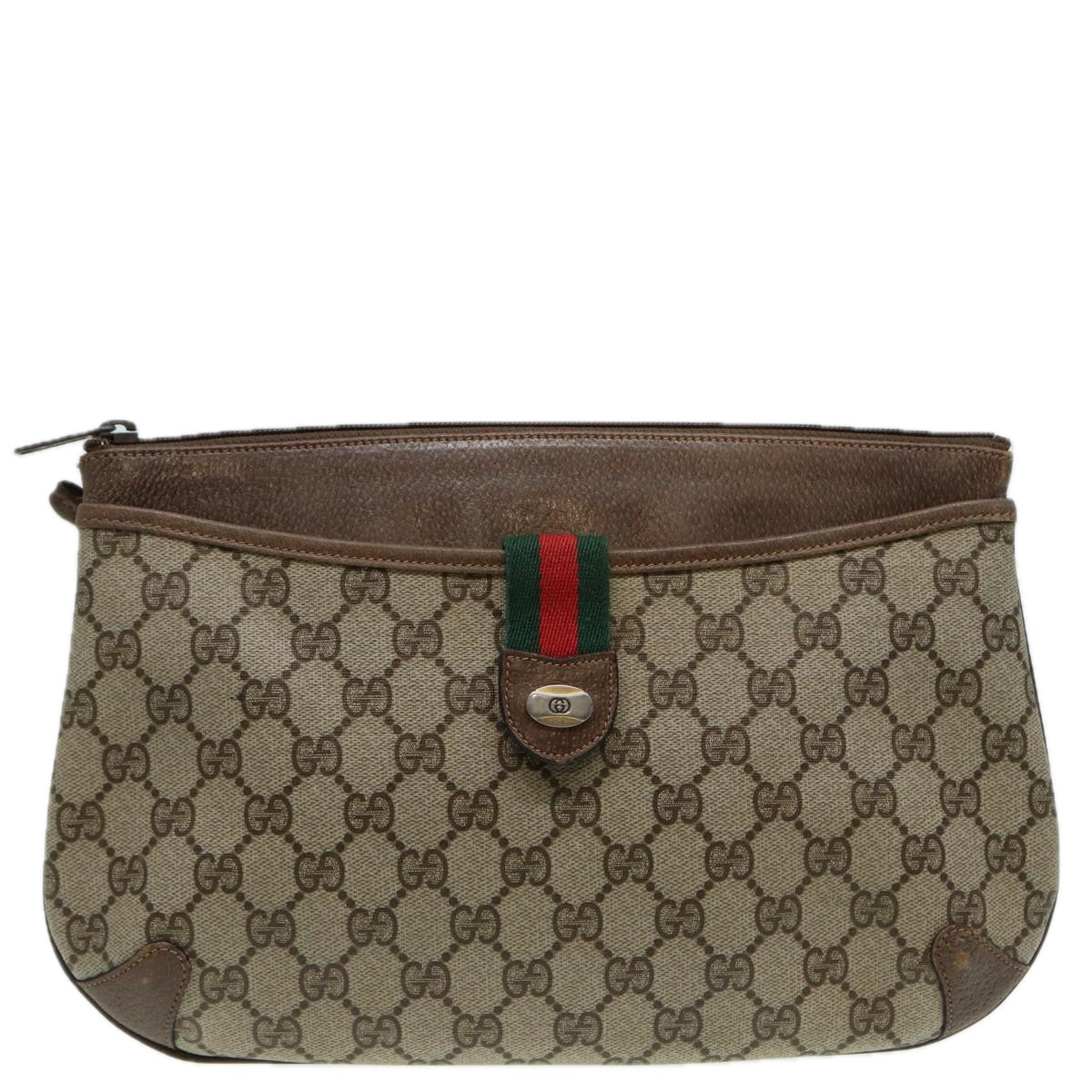 GUCCI GG Canvas Web Sherry Line Shoulder Bag PVC Leather Beige Green Auth fm3586