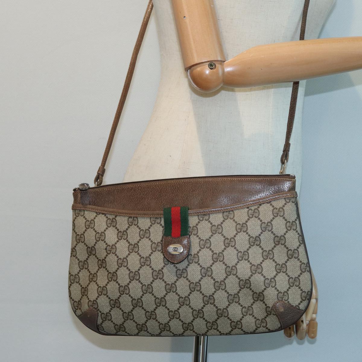 GUCCI GG Canvas Web Sherry Line Shoulder Bag PVC Leather Beige Green Auth fm3586