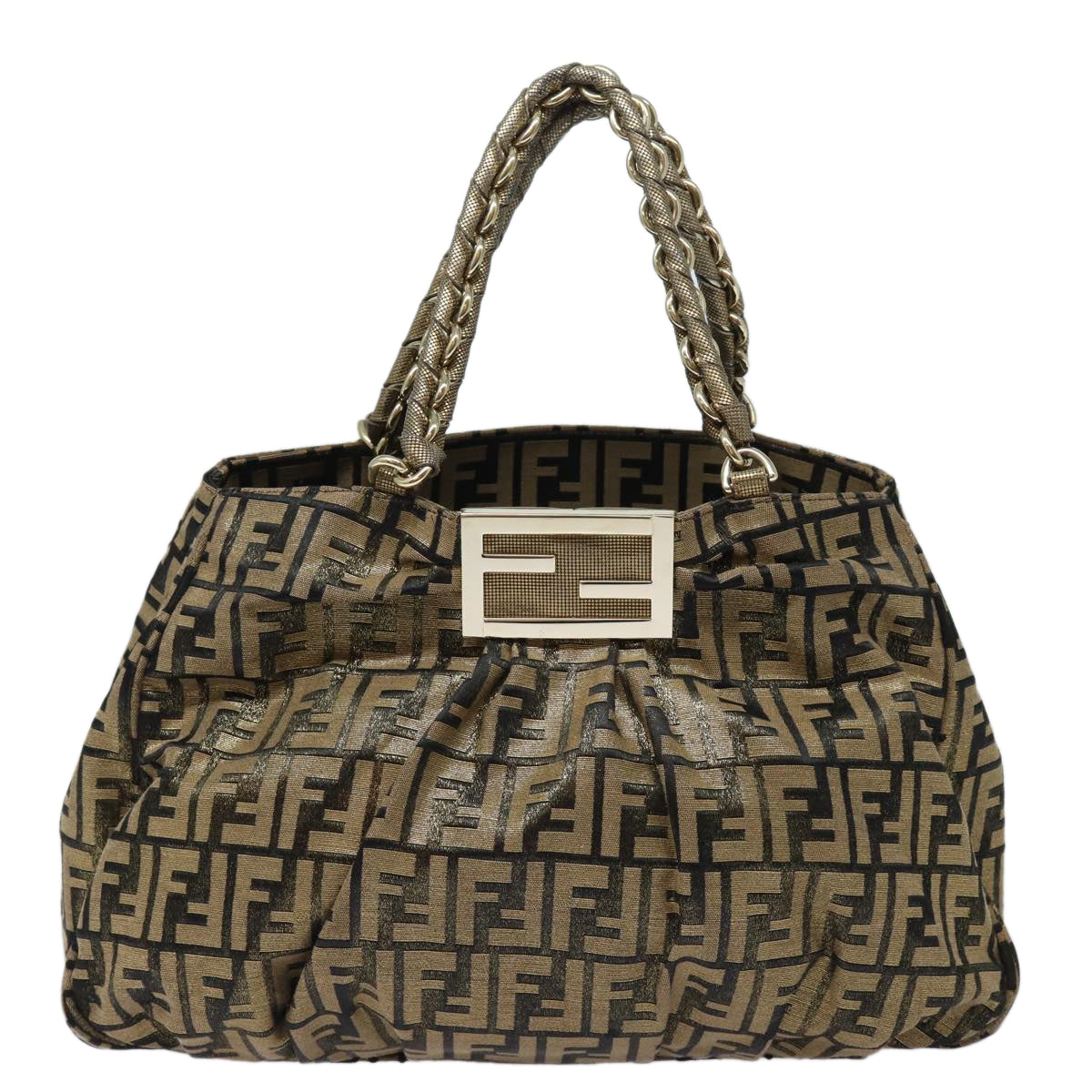 FENDI Zucca Canvas Chain Hand Bag Gold Auth fm3589