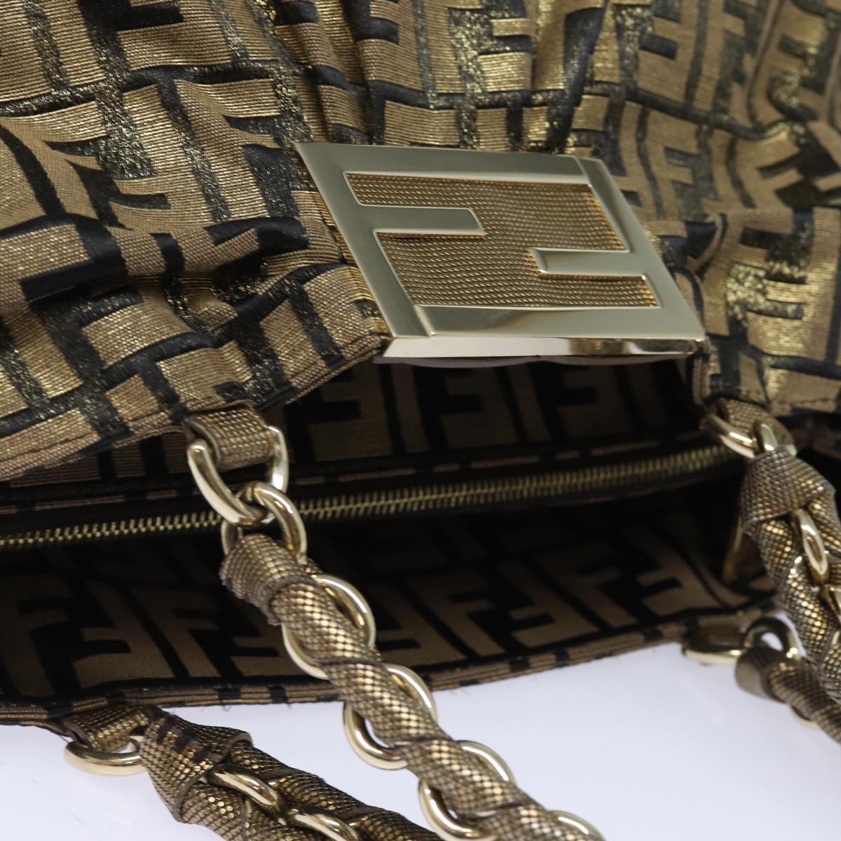 FENDI Zucca Canvas Chain Hand Bag Gold Auth fm3589