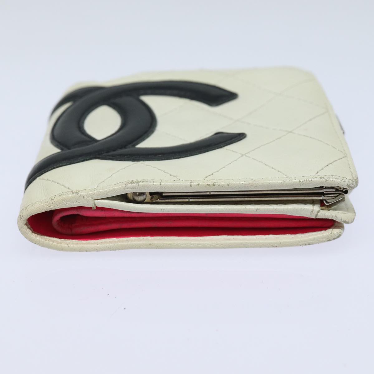 CHANEL Cambon Line Bifold Wallet Leather White CC Auth fm3608