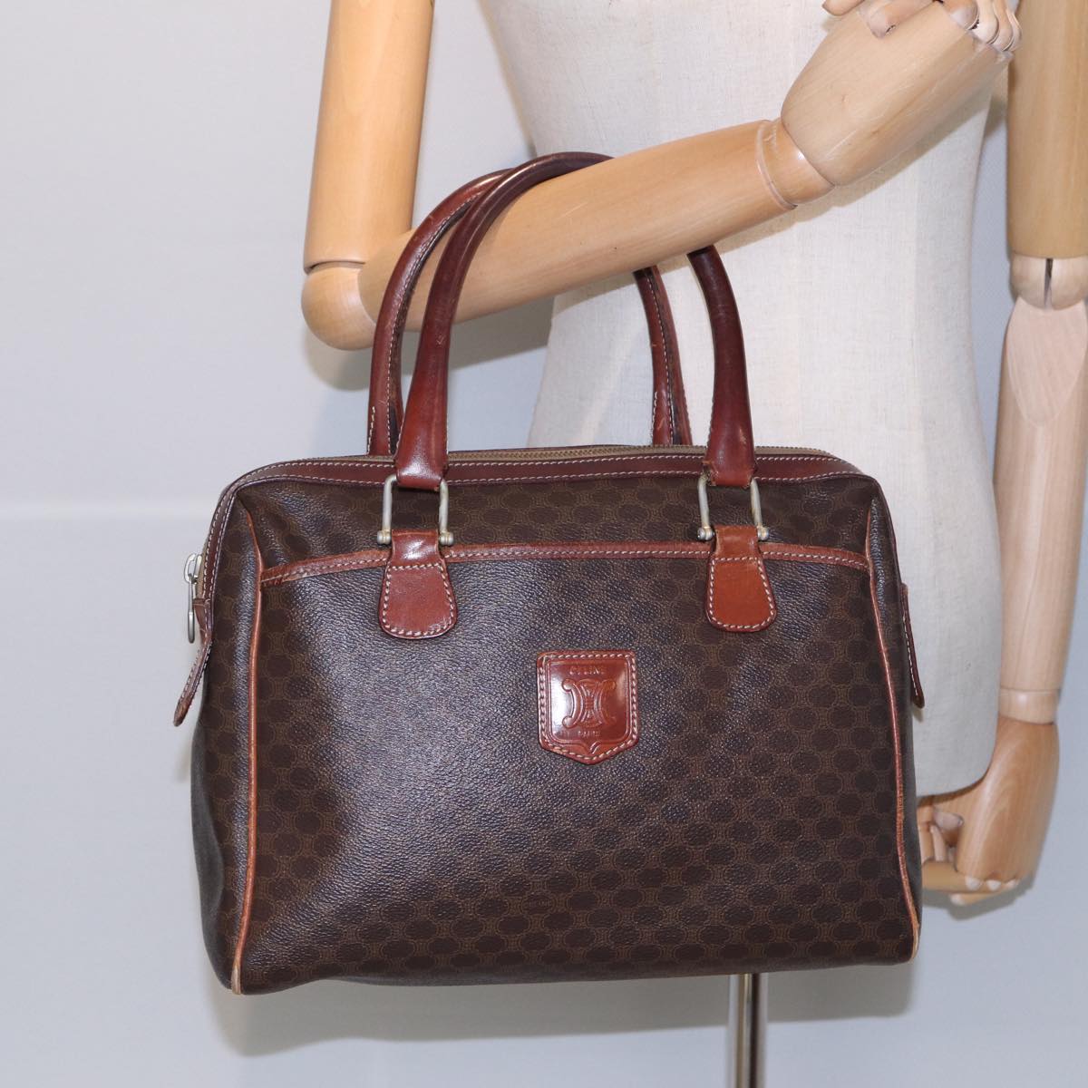 CELINE Macadam Canvas Boston Bag PVC Leather Brown Auth fm3647