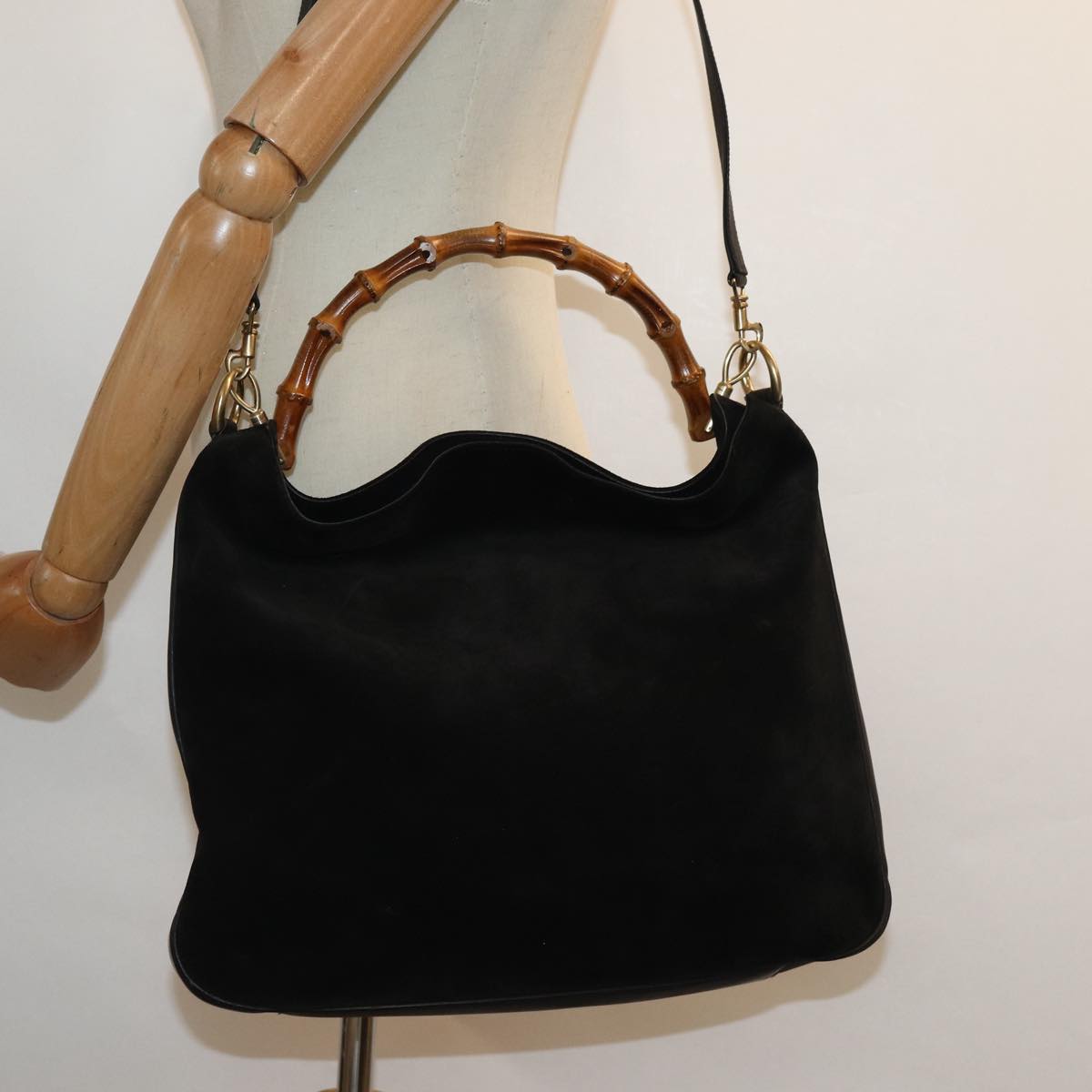 GUCCI Bamboo Shoulder Bag Suede 2way Black 001 0166 1577 Auth fm3656