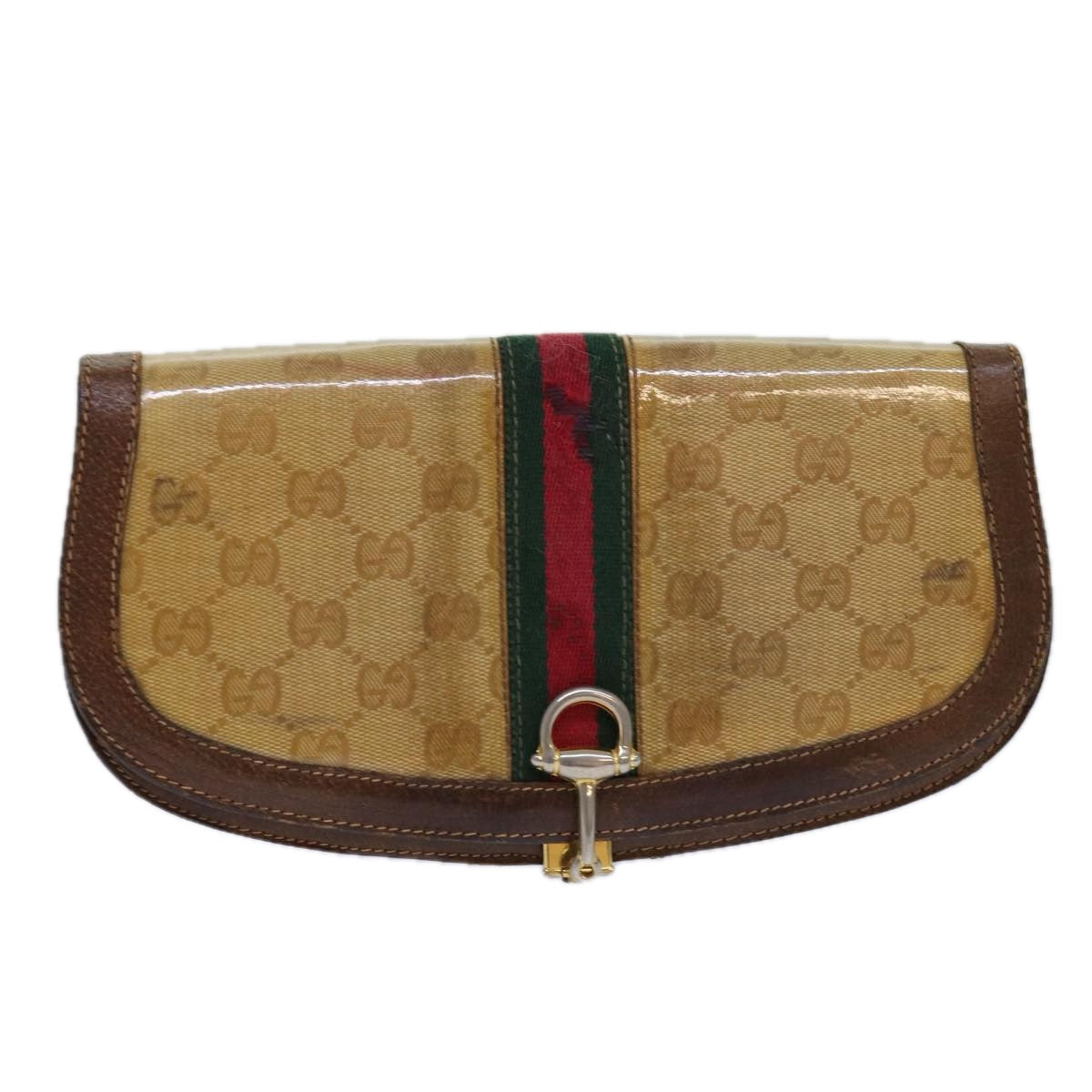 GUCCI GG Canvas Web Sherry Line Clutch Bag Beige Red Green Auth fm3664