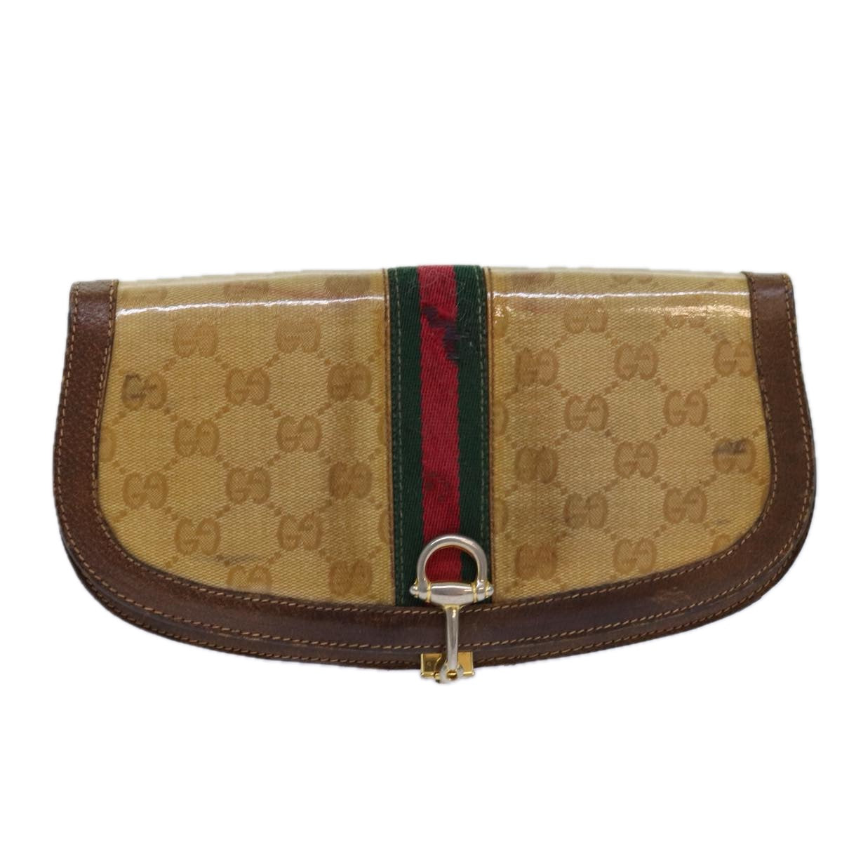 GUCCI GG Canvas Web Sherry Line Clutch Bag Beige Red Green Auth fm3664