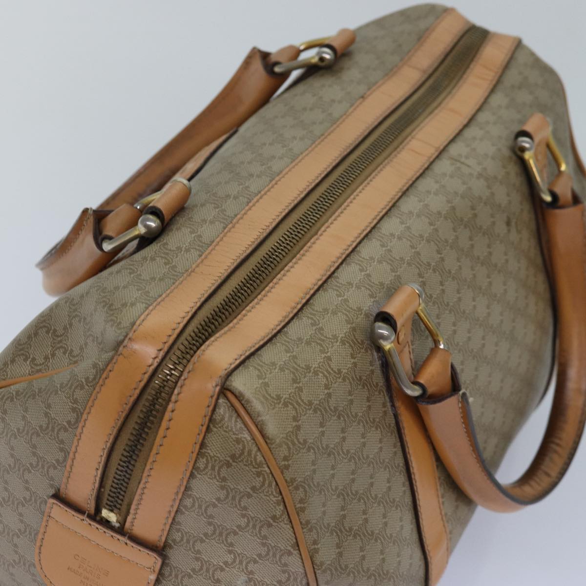 CELINE Macadam Canvas Boston Bag Beige Auth fm3666