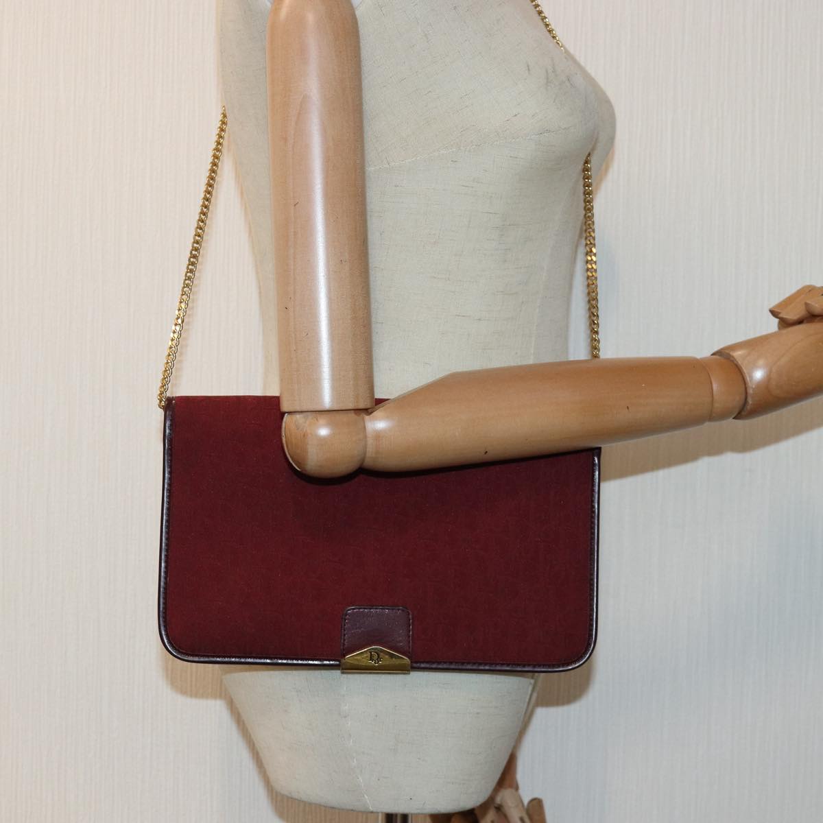 Christian Dior Trotter Canvas Chain Shoulder Bag Red Auth fm3669