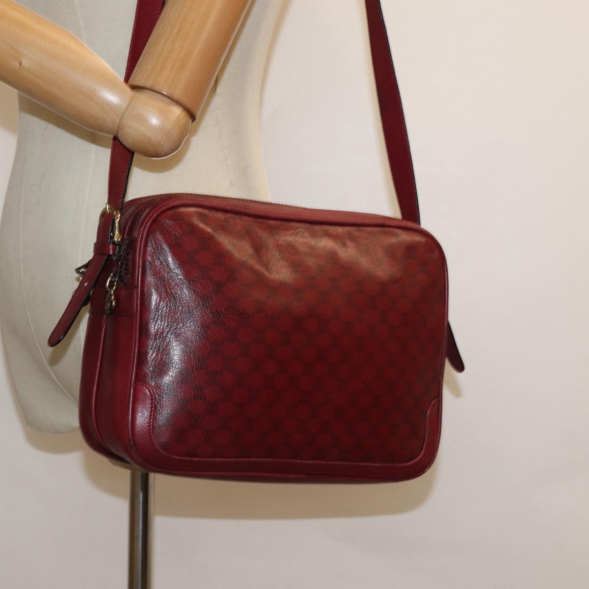 CELINE Macadam Canvas Shoulder Bag Leather Red Gold Auth fm3695