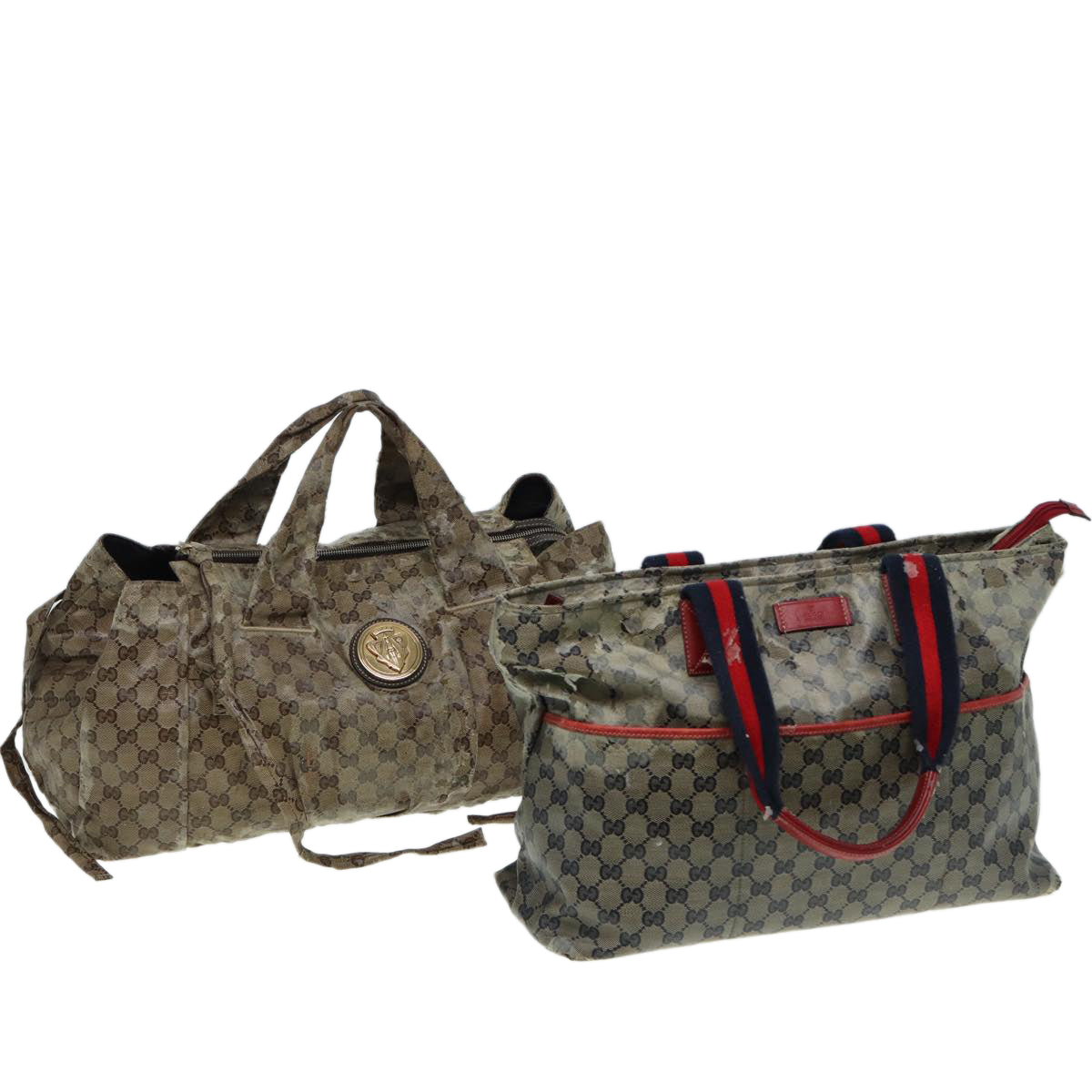 GUCCI GG Crystal Sherry Line Tote Bag 2Set Beige Red Auth fm3716