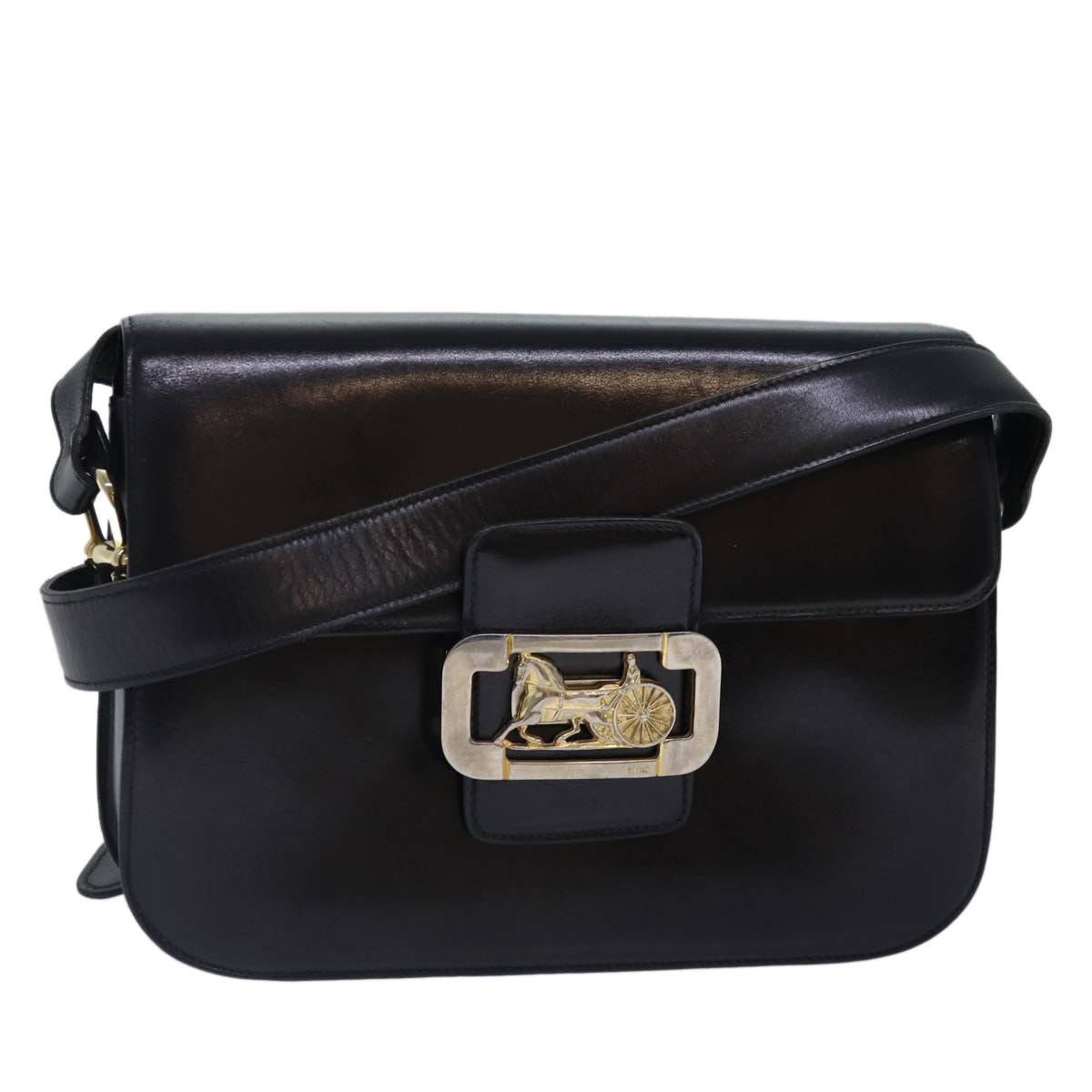 CELINE Horse Carriage Metal Shoulder Bag Leather Black Gold Auth fm3724