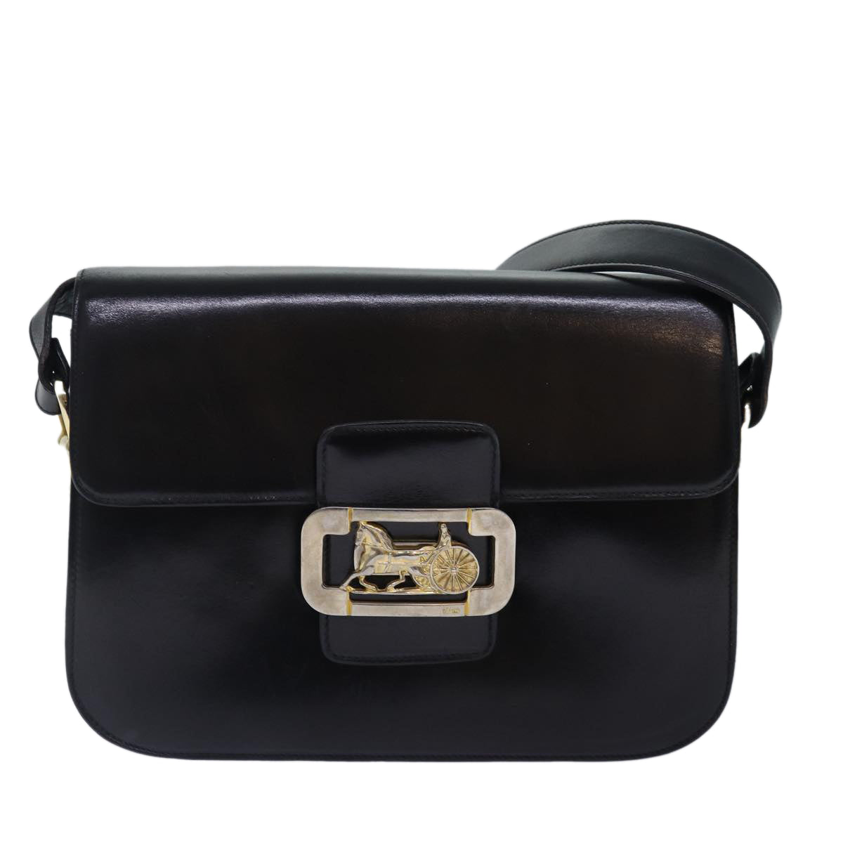 CELINE Horse Carriage Metal Shoulder Bag Leather Black Gold Auth fm3724