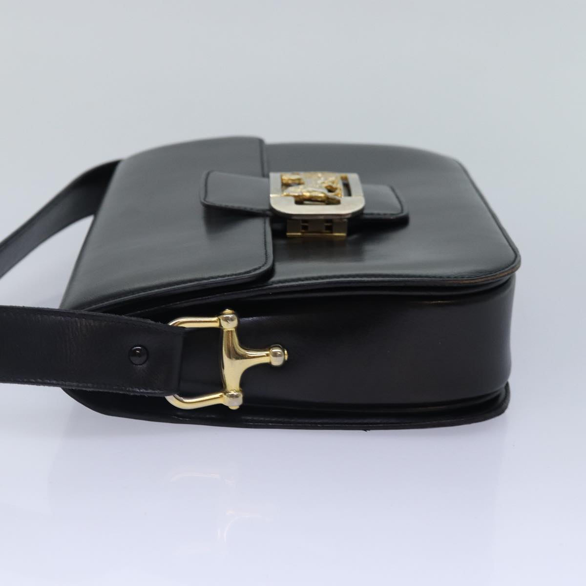 CELINE Horse Carriage Metal Shoulder Bag Leather Black Gold Auth fm3724