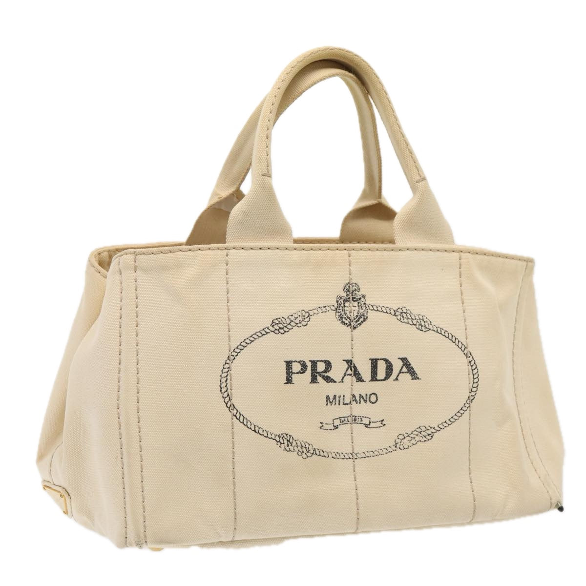 PRADA Canapa MM Hand Bag Canvas White Gold Auth fm3744