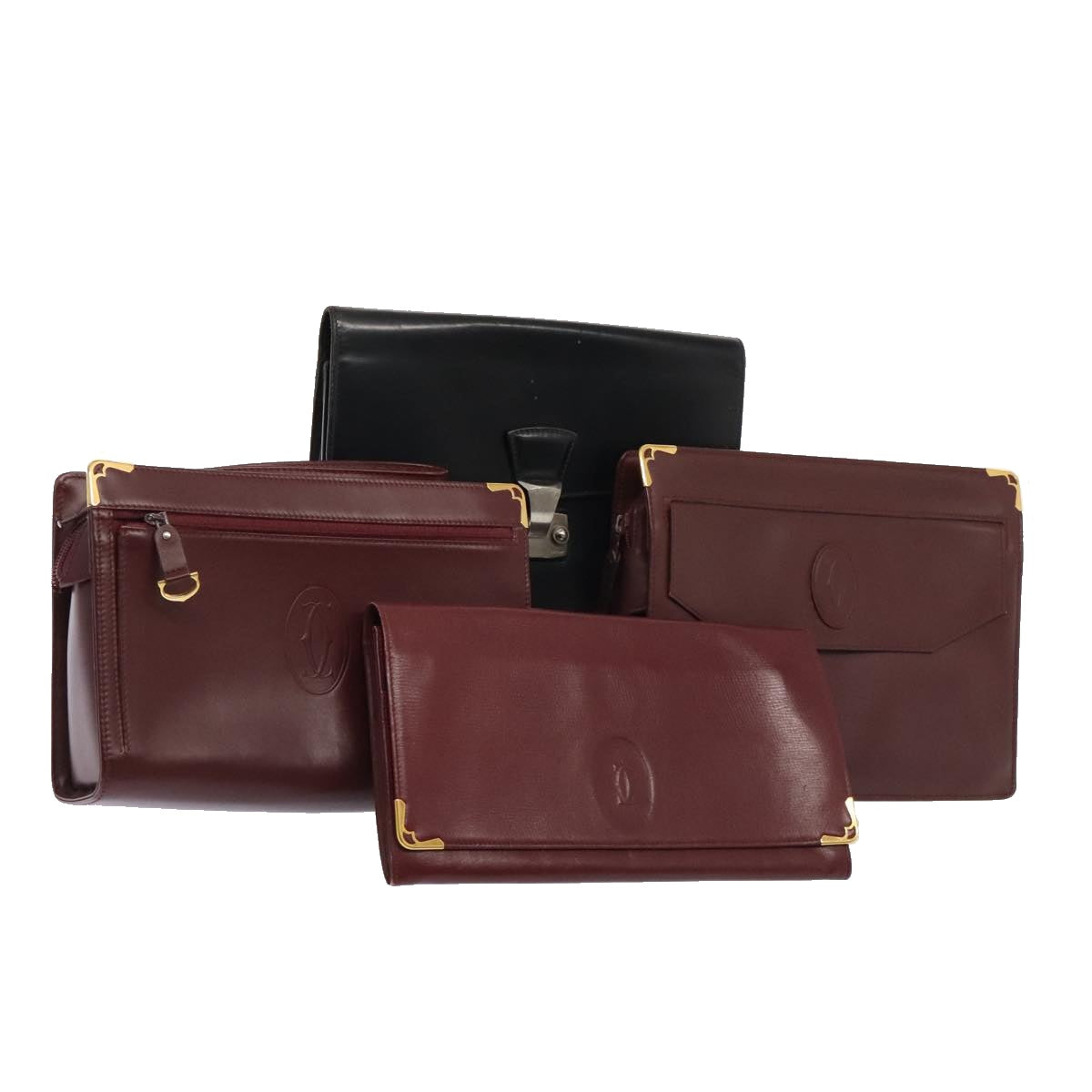 CARTIER Clutch Bag Leather 4Set Bordeaux Black gold Auth fm3750