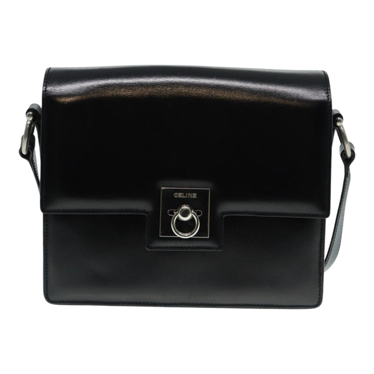 CELINE Shoulder Bag Leather Black Silver Auth fm3770