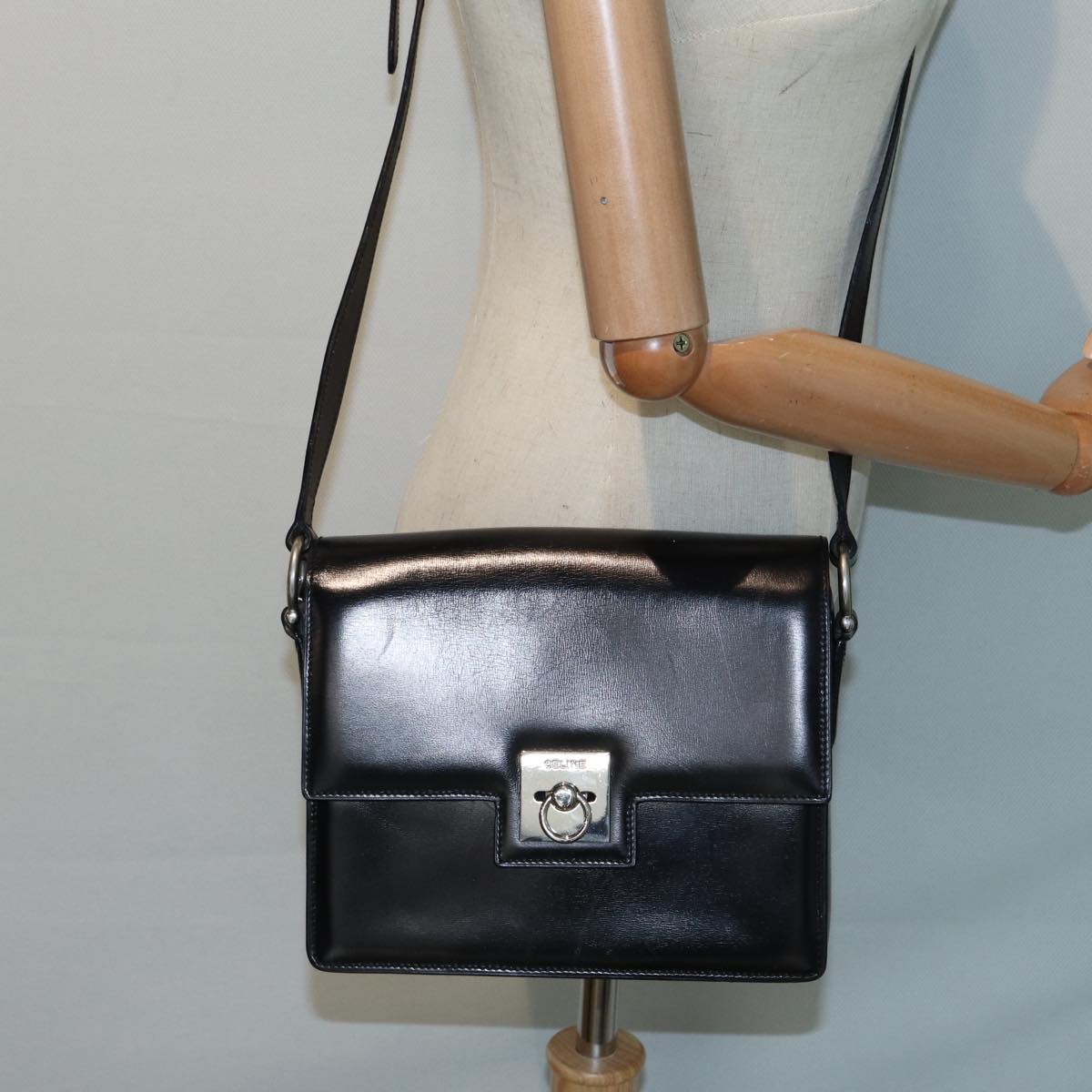 CELINE Shoulder Bag Leather Black Silver Auth fm3770