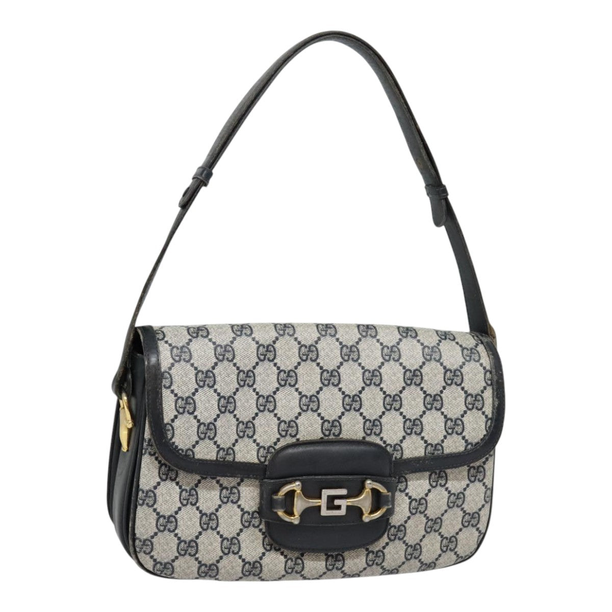 GUCCI GG Supreme Shoulder Bag PVC Leather Navy Gold Auth fm3802