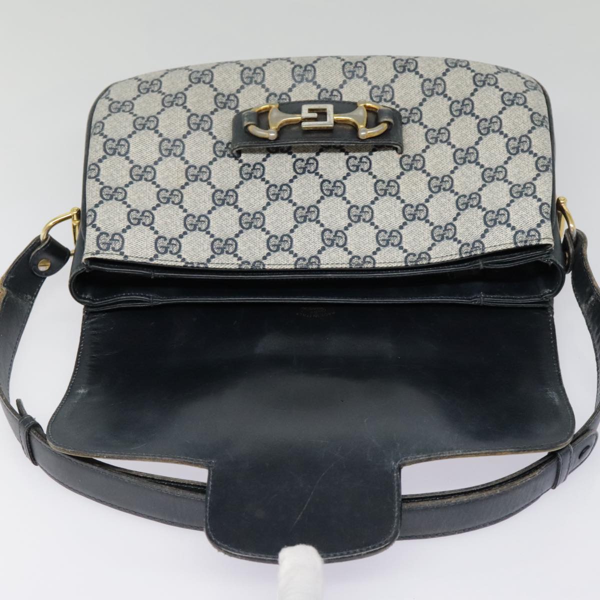 GUCCI GG Supreme Shoulder Bag PVC Leather Navy Gold Auth fm3802