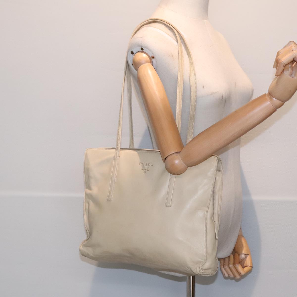 PRADA Shoulder Bag Leather Beige Silver Auth fm3813