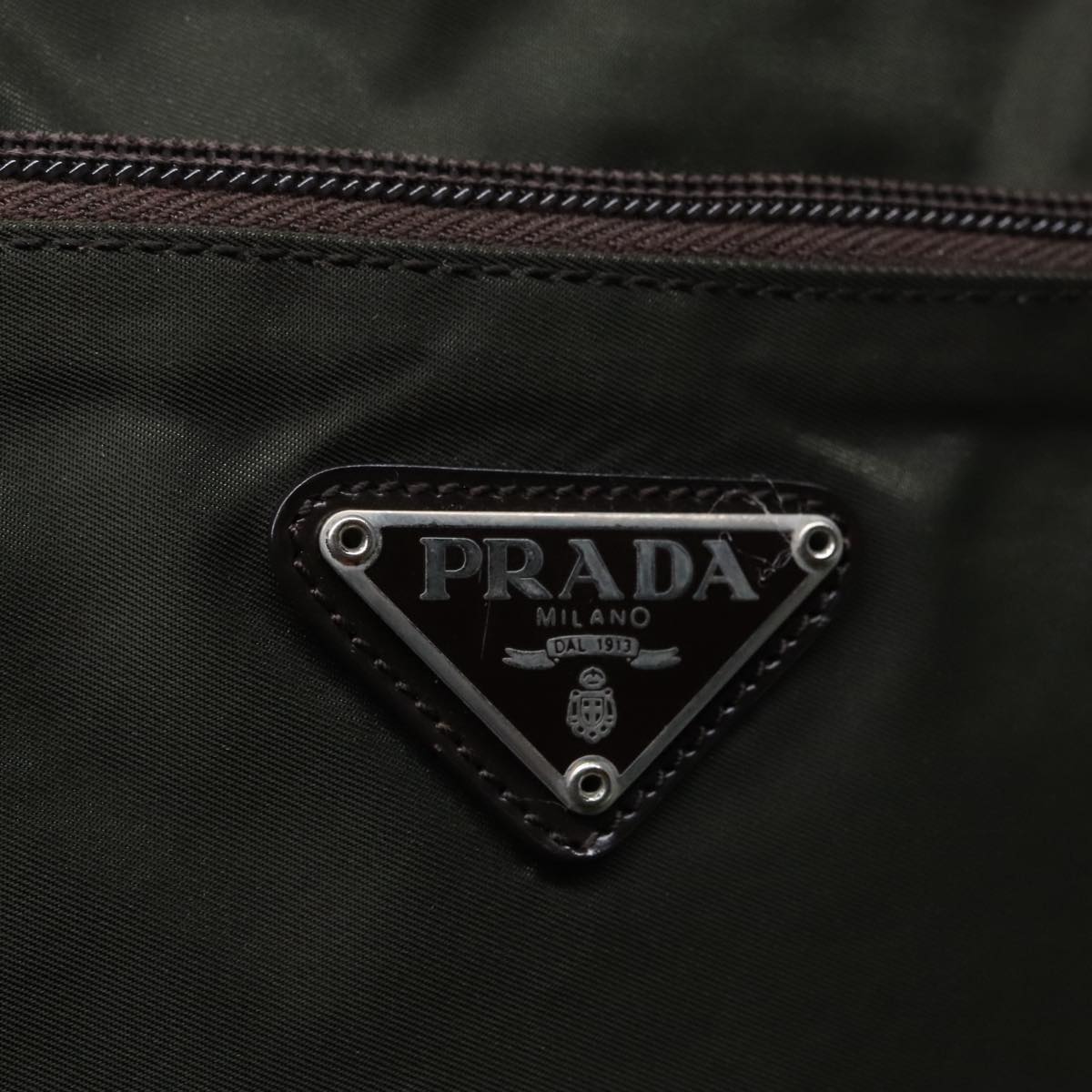 PRADA Tote Bag Nylon Khaki Brown Silver Auth fm3816