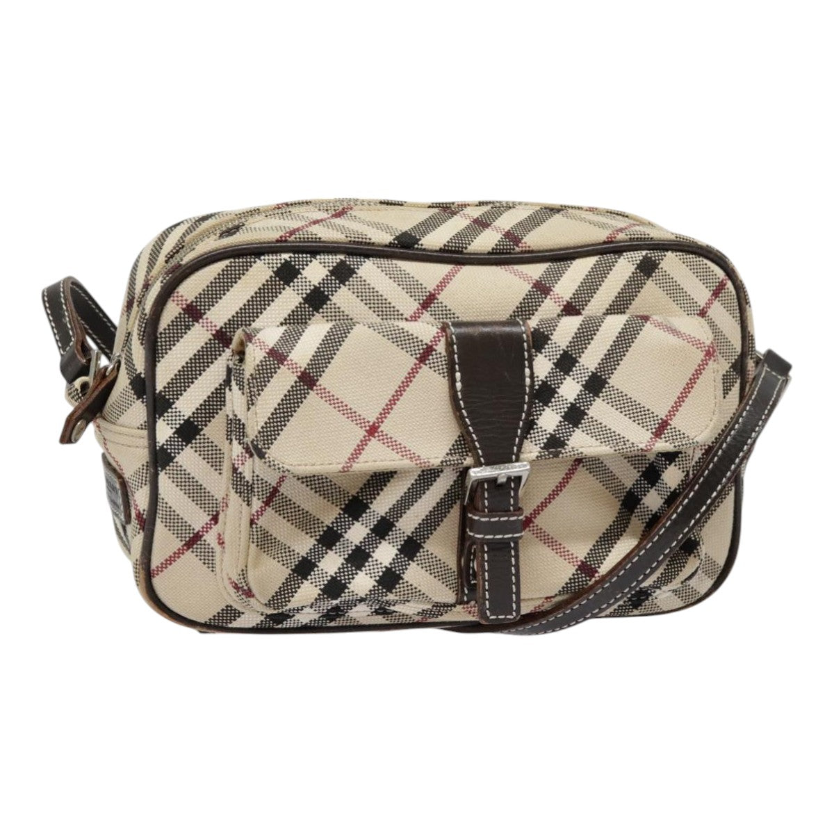 BURBERRY Nova Check Blue Label Shoulder Bag Canvas Beige Silver Auth fm3820